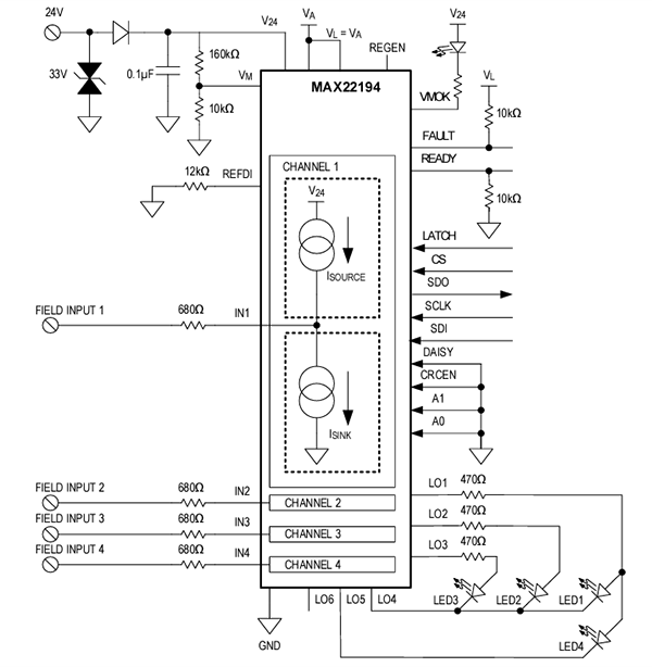 Application Circuit Diagram - Analog Devices Inc. MAX22194 Quad Industrial Sink/Source Digital Input